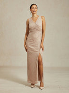 Metallic  Pleated Chiffon V-Neck Maxi Dress