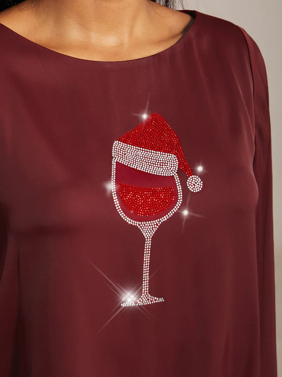 Satin Layered Bell Sleeve Top with Christmas Rhinestone