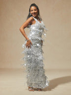 Silver Sequin Fringe Maxi Dress for Party
