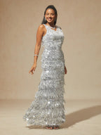 Silver Sequin Fringe Maxi Dress for Party