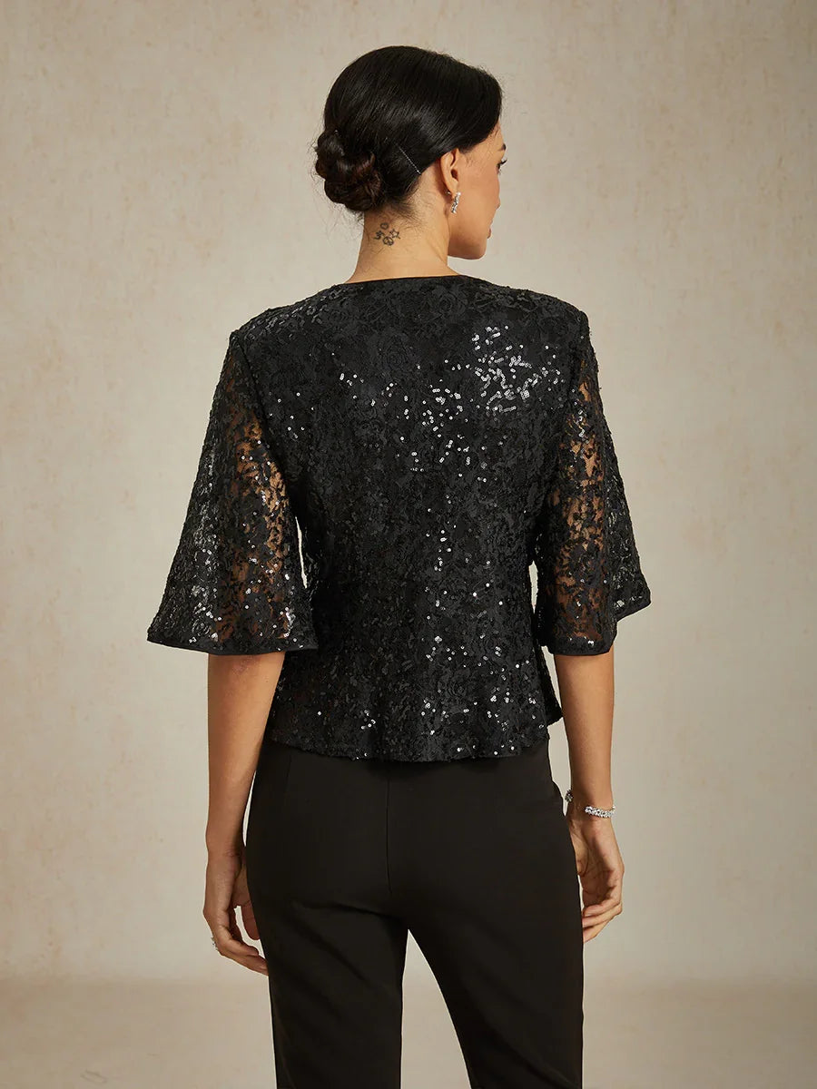 3/4 Sleeve Stretch Lace Blouse with Sequin Detail