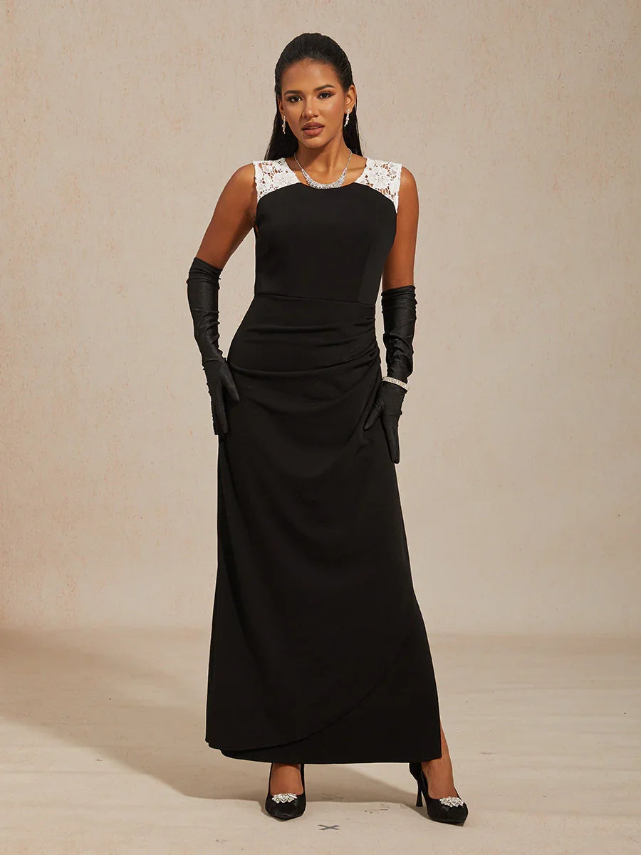 Sleeveless Matte Satin Dress with Lace Detail