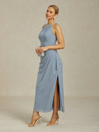 Elegant Beaded Halter Maxi Dress with Ruffle Detail