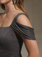 Ankle-Length Cold Shoulder Glitter Mesh Dress