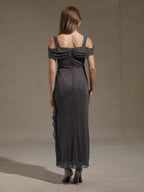 Ankle-Length Cold Shoulder Glitter Mesh Dress