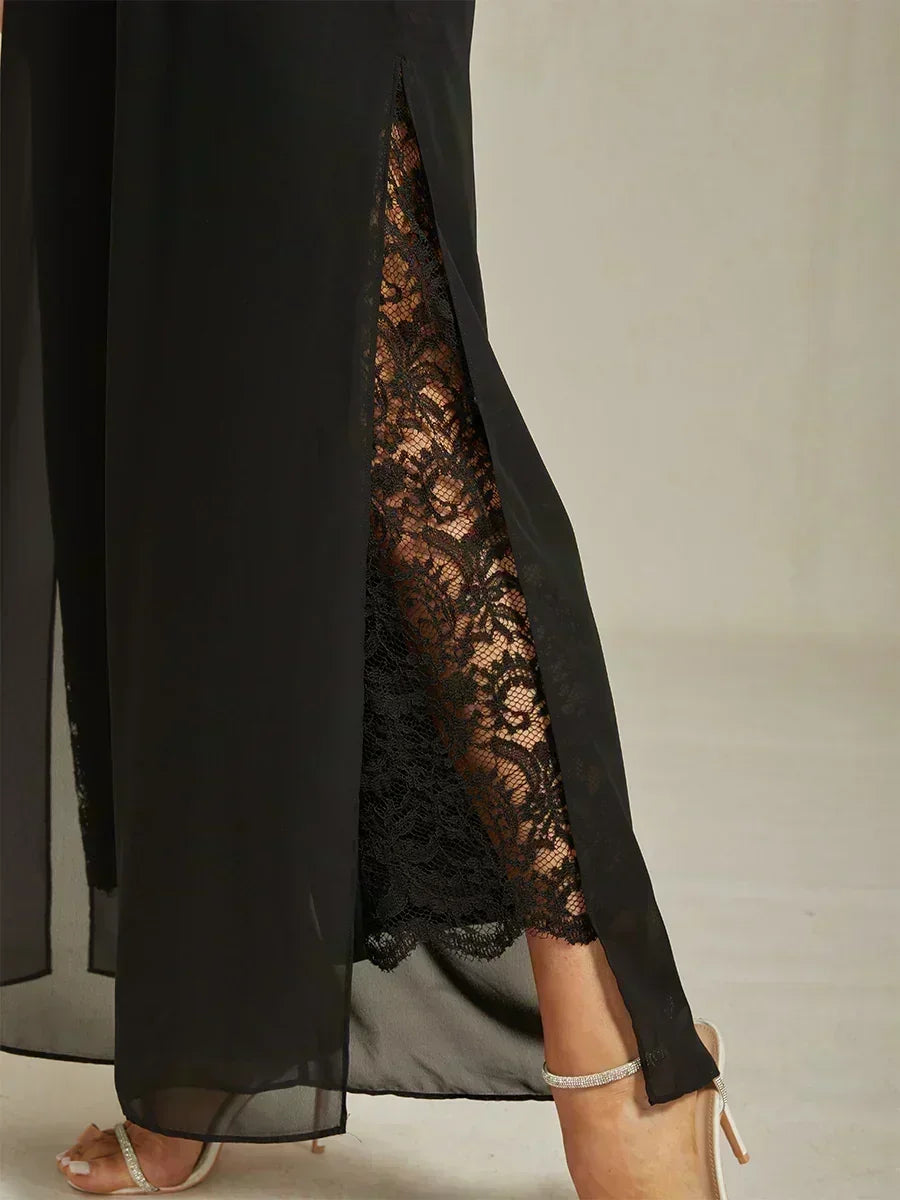 Lace Straight Leg Pant With Chiffon Split Leg Overlay