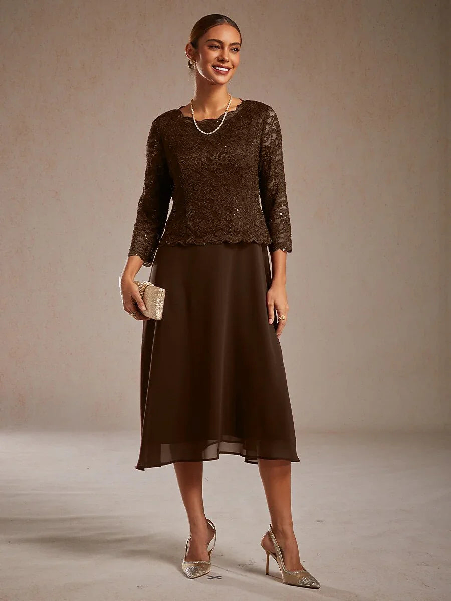 Elegant Lace and Chiffon Tea-Length Dress