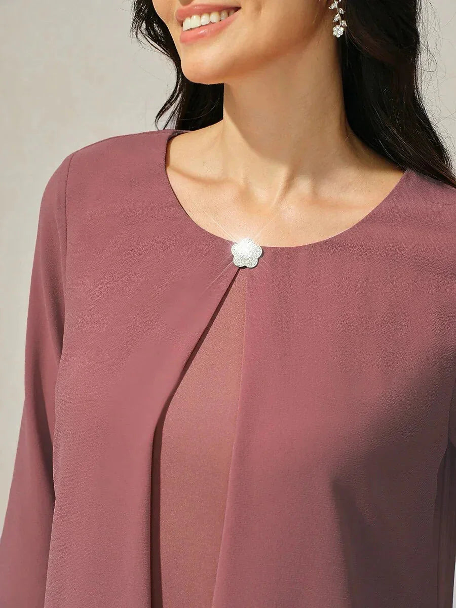 3/4 Sleeve Knee-Length Chiffon Dress with Rhinestone