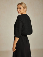 Cropped 3/4 Sleeve Tweed Jacket with Beaded Embroidery
