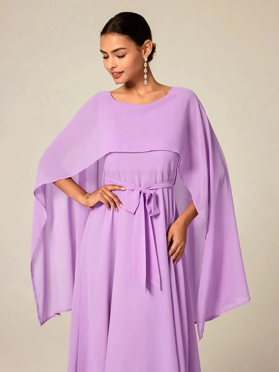 Belted Waist Purple Chiffon Maxi Dress