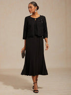 Cropped 3/4 Sleeve Tweed Jacket with Beaded Embroidery