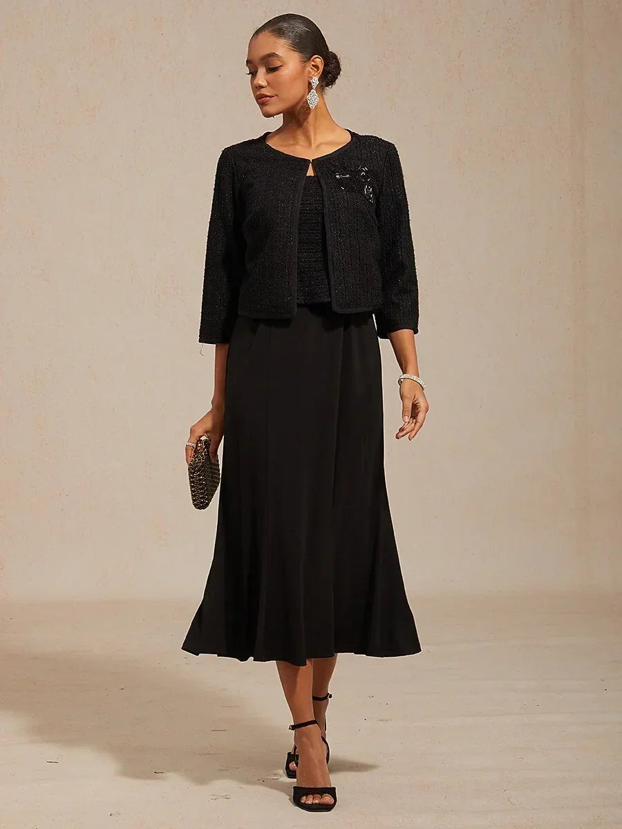 Cropped 3/4 Sleeve Tweed Jacket with Beaded Embroidery