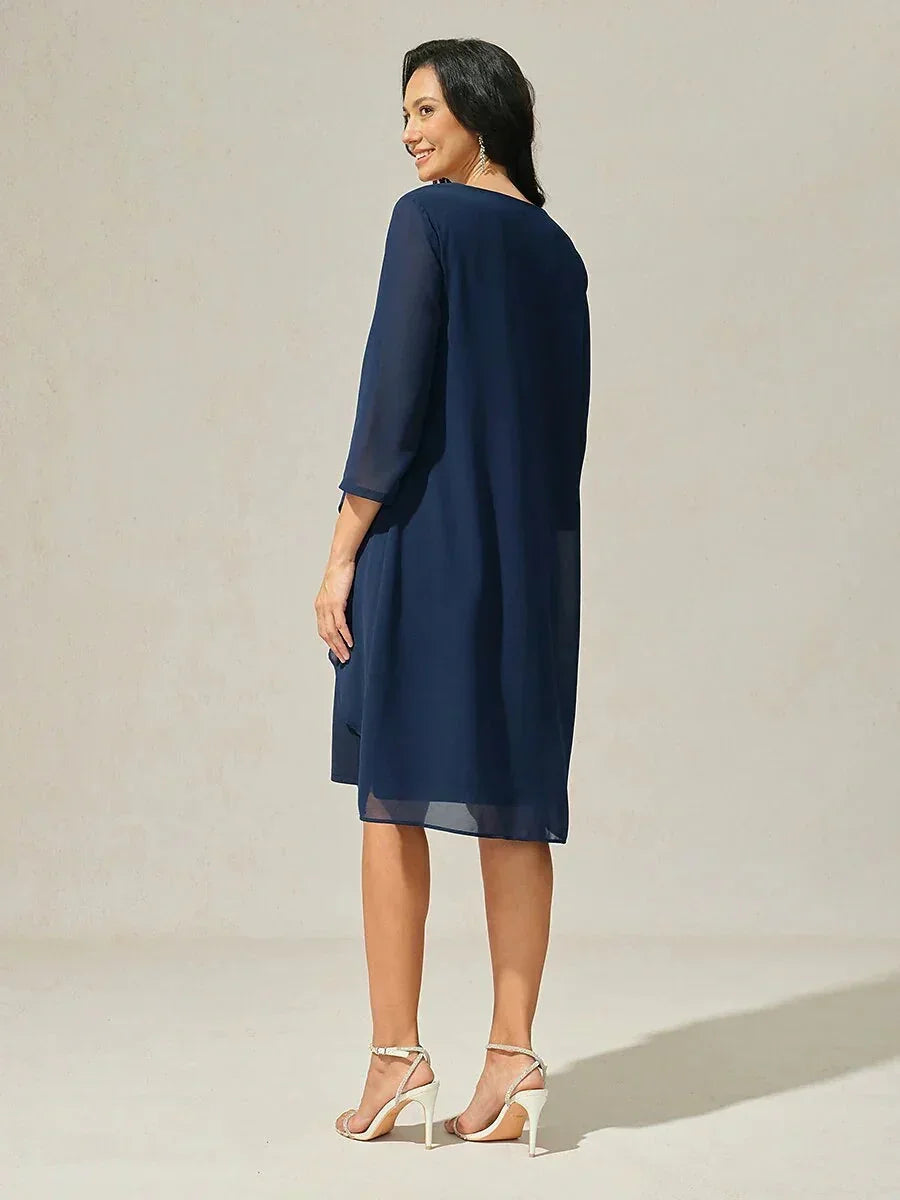 3/4 Sleeve Knee-Length Chiffon Dress with Rhinestone