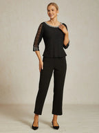 Beaded 3/4 Sleeve Metallic Knit Blouse