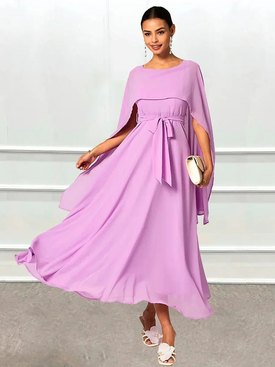 Belted Waist Purple Chiffon Maxi Dress