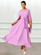 Belted Waist Purple Chiffon Maxi Dress